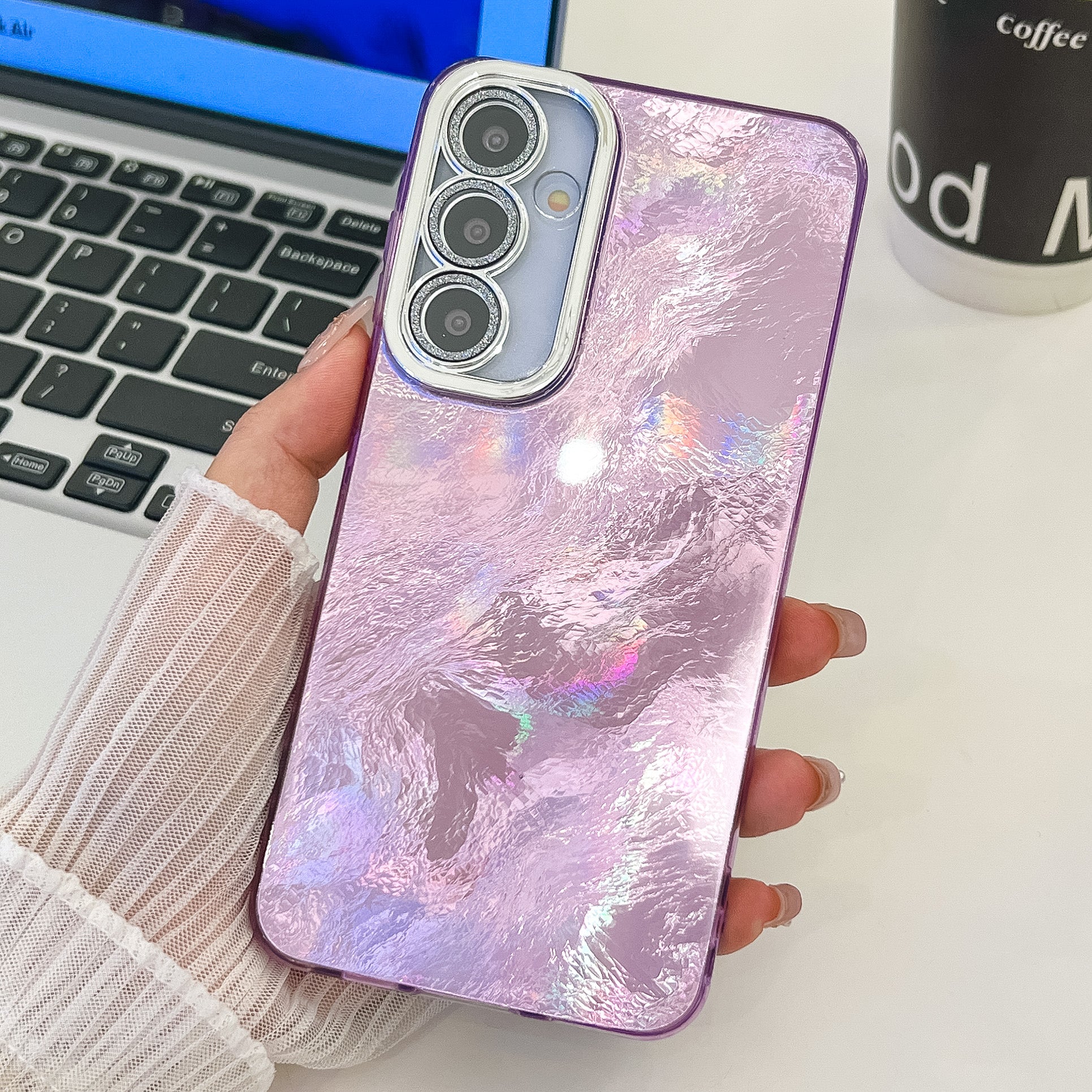 For Samsung Galaxy A16 4G / 5G Case IMD Design Shockproof PC+TPU Phone Cover with Glass Lens Film - Foil Pattern / Purple For Samsung Galaxy A16 4G / 5G Case IMD Design Shockproof PC+TPU Phone Cover with Glass Lens Film - Foil Pattern / Purple